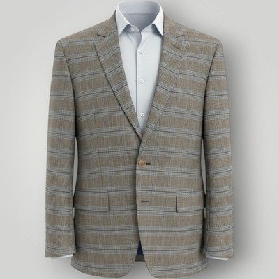 APT 9 Mens Blazer Sport Coat 2-Button Suit Jacket 46R Blue/Tan Plaid Slim fit