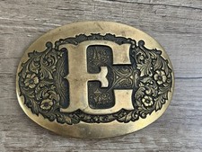 Vintage 1970's Belt Buckle Award Design Medals Letter E Logo Solid Brass