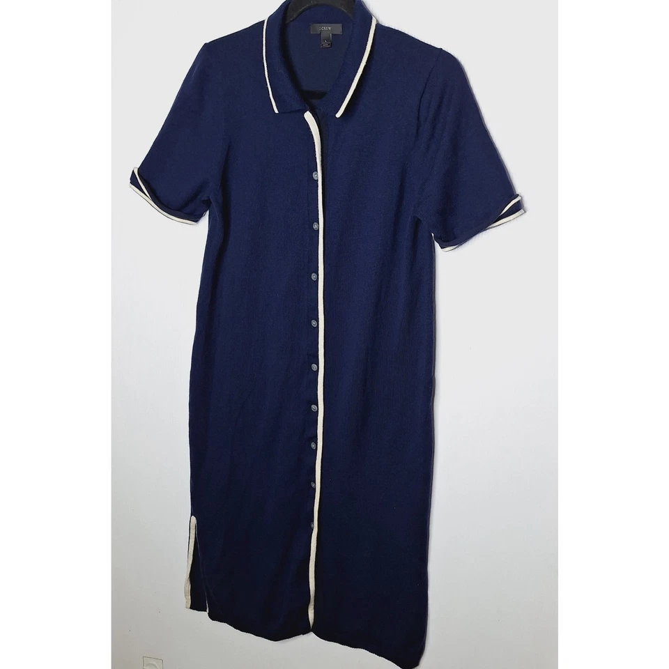 J. Crew Merino Wool Sweater Dress Midi Knit Navy Button Front L Collared Preppy - Image 2 of 4