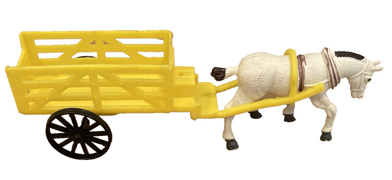vintage plastic toy western 2 wheel slatted  cart farm wagon mule donkey drawn