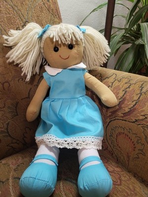 Powell Craft Rag Doll England Soft Plush 16'' W/Blue Dress & Shoes Bloomers