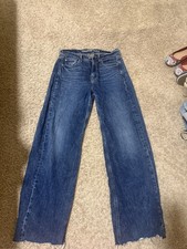American Eagle Outfitters Women's Blue Baggy Wide-Leg Denim Jeans Button Zip Ra  