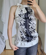 Neckholder Bluse 36 S Schwarz Weiß Blouse Hemd Top Tunika Shirt Sommer Elegant