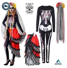 Women Day of the Dead Costume 4 Piece Skeleton Bodysuit Skull Bustle Skirt