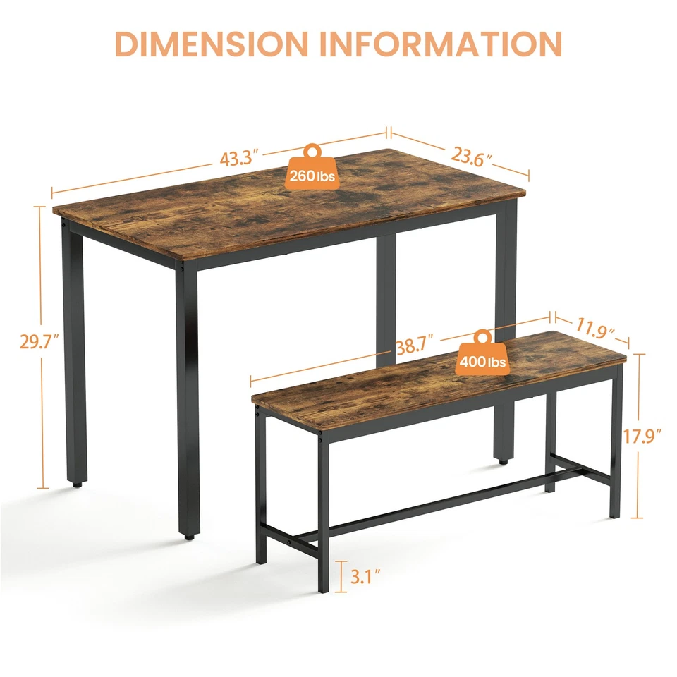 3-Piece Dining Table Set for 4 Rustic Pub Dining Table 2 Benches For Breakfast - Image 4 of 4