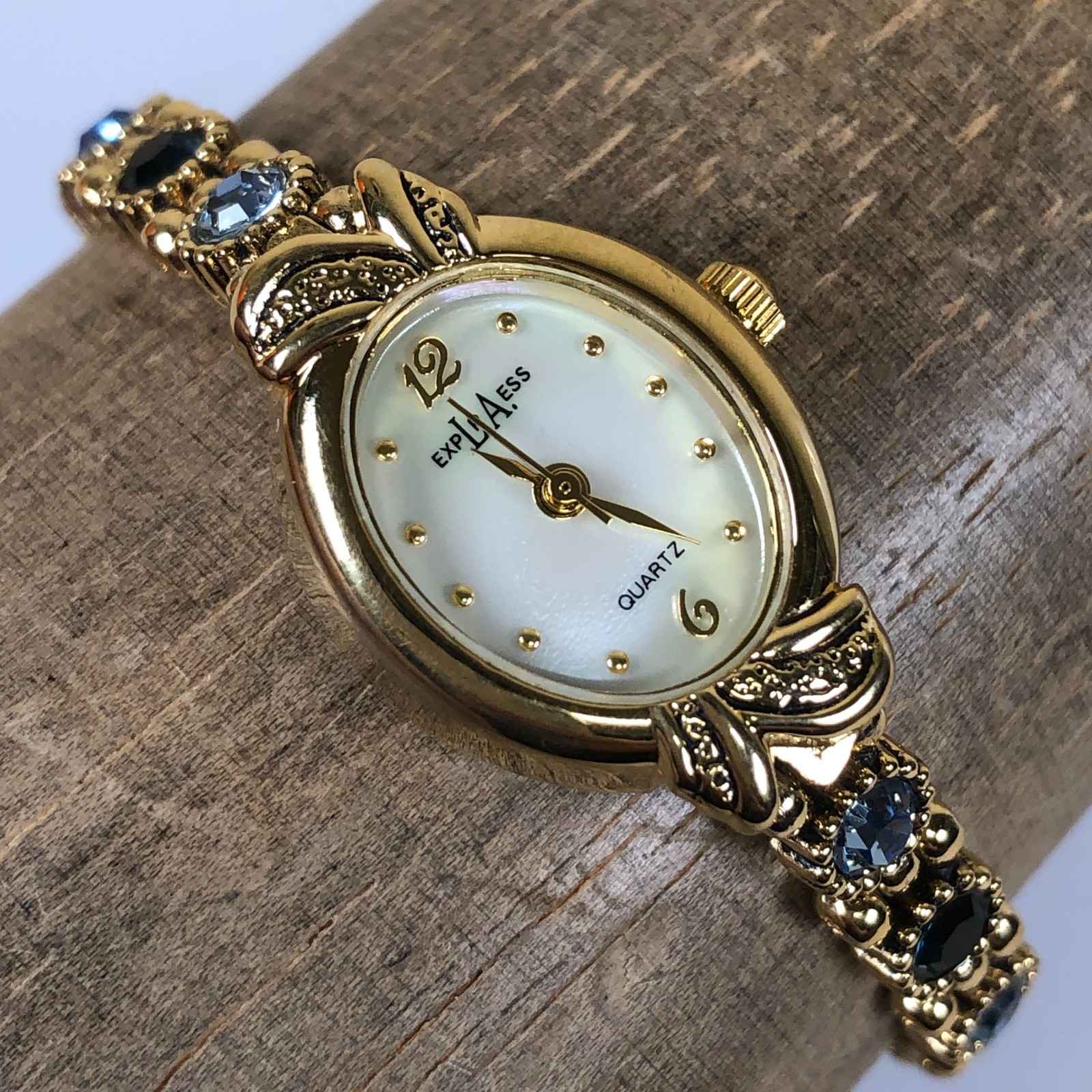 LA Express Women LAX1370 Dress Pave MOP Gold Tone Oval Quartz 18mm Watch 6 1/4"