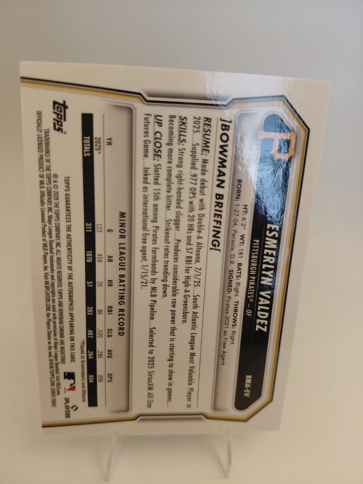 Esmerlyn Valdez 2026 Bowman Green Chrome Mojo 21 /99 Auto #BMA-EV Pirates Rookie view 5