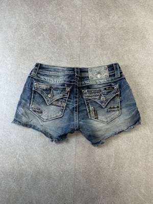 Miss Me Damen Denim Cutoff Shorts JP8582H Größe 27 Medium Wash bestickt Y2K