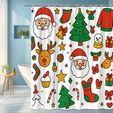 Christmas Shower Curtain with Santa, Tree, and Reindeer Design