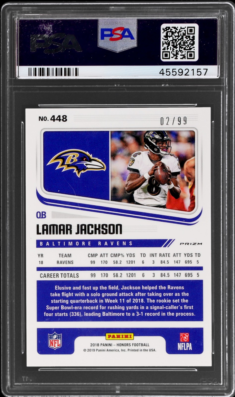 2018 Panini Honors Lamar Jackson #448 PSA 10 RC Score Update Rookie 2/99 view 2