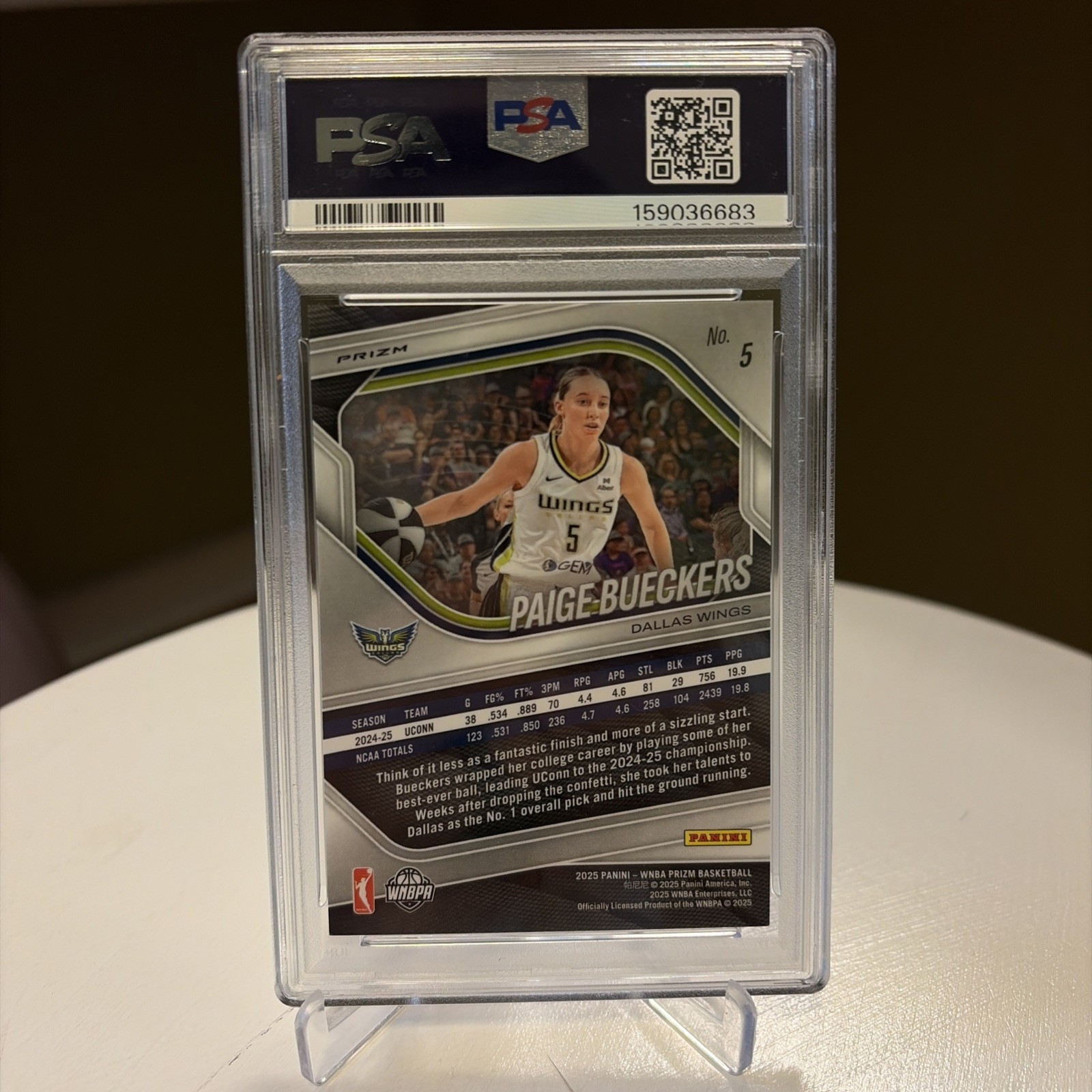 161359694 Paige Bueckers 2025 Panini WNBA Prizm #5 Logo Rookie RC PSA 9 view 2