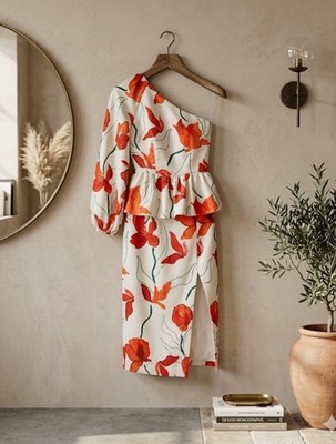 Hutch One Shoulder Floral Peplum Dress Off White Red Size 6 NWT