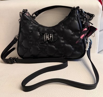 Juicy Couture Shoulder Bag Black Pearl Bow Heart Charm Logo Embroidered Women