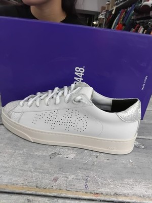 P448 Damen Sneaker Weiße Leder Sneaker mit Silberdetails Schnürung EU 38 S8