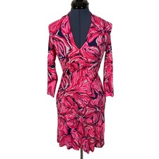Lilly Pulitzer Alexandra Dress Bright Pink Navy Floral V Neck Resortwear Chic XS