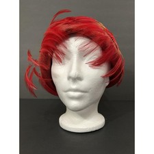 Vtg 50s Red Feathers Fascinator Hat Women Pillbox Cocktail Millinery Mme Esther