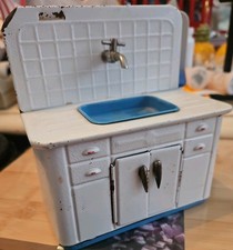 Rare Tin Toy CABINET Sink 1950s Doll House Kitchen Sink. white and blue