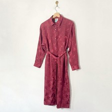 Vintage St Michael Burgundy Red Satin Button Up Maple Leaf Shirt Dress M 10-12