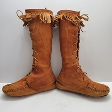 Vintage Hand Crafted Brown Soft Deer Hide Calf High Moccasins Boots Fringe