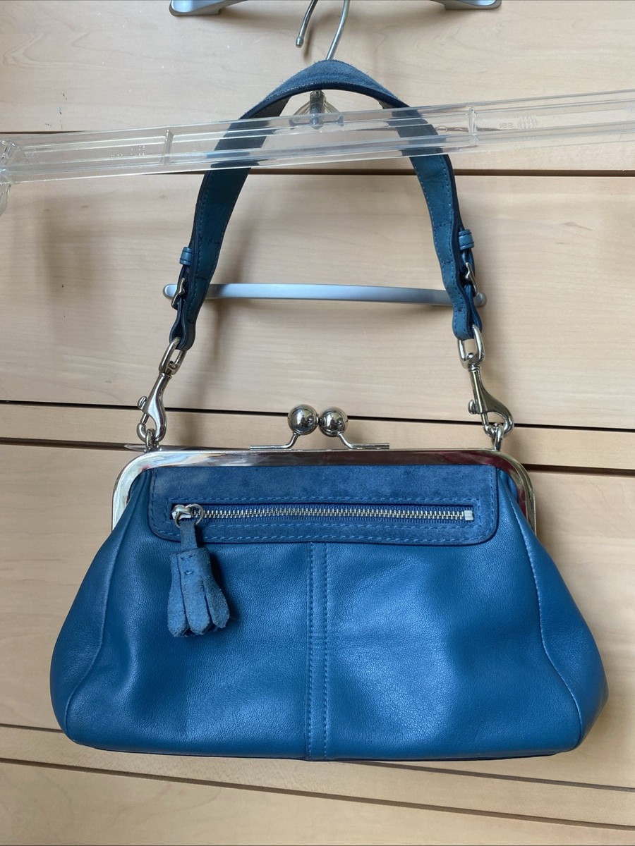Coach Y2K Vintage Satchel Bag Blue Leather Suede Kiss Lock RARE