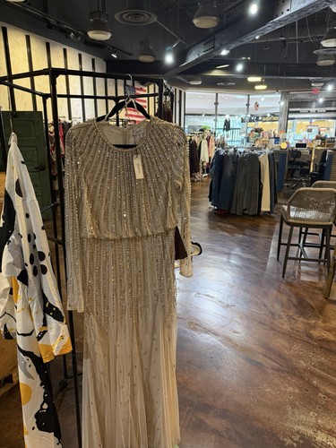 Coast Beige Long Sleeve Beaded Sequin Long Gown Round Neck Women’s 8