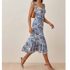 Reformation Bondi Blue Reef Water Print Fitted Ruffle Sweetheart Midi Dress