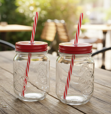 Wiederverwendbarer Lebkuchen geprägter Glas Soda Becher mit rotem Strohhalm & Deckel Kaltgetränk Glas