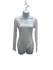 Women Bodysuit Button Closure Slim Fit Square Neck White M