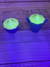 Vintage 4 Piece Akro Agate Glass Childs Dish Play Set With Glowing Pitcher Top