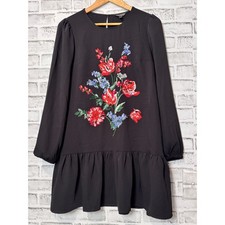 Express Black Floral Embroidered Long Sleeve Ruffle Hem Dress Women's Size Small