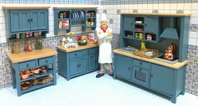 Dollhouse Miniature Empty Wooden Shaker Blue Pine Kitchen Unit 5