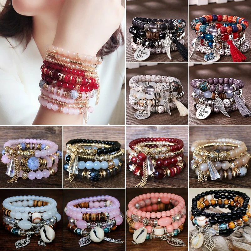 4Pcs Set Multi layer Boho Crystal Beaded Beads Chain Cuff Bracelets Bangle Set
