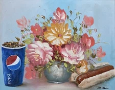 Costco Hotdog Parody Fast Food Fine Art upcycled thrift store painting