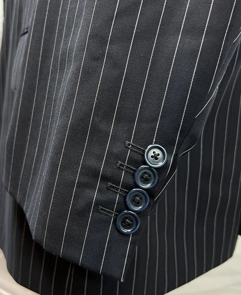 Traje Blazer TIGLIO 52L Para Hombre 41x28 Pantalones Azul Marino Rayas Super 150s Lana 2 Botones Foto 4 de 4