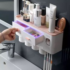 Toothbrush Holder Rack Organizer Magnetic Cup Storage Bathroom Wall Mount Kit