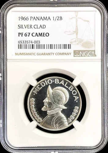 1966 SILVER CLAD PANAMA 1/2 BALBOA VASCO NUNEZ COIN NGC PROOF 67 CAMEO