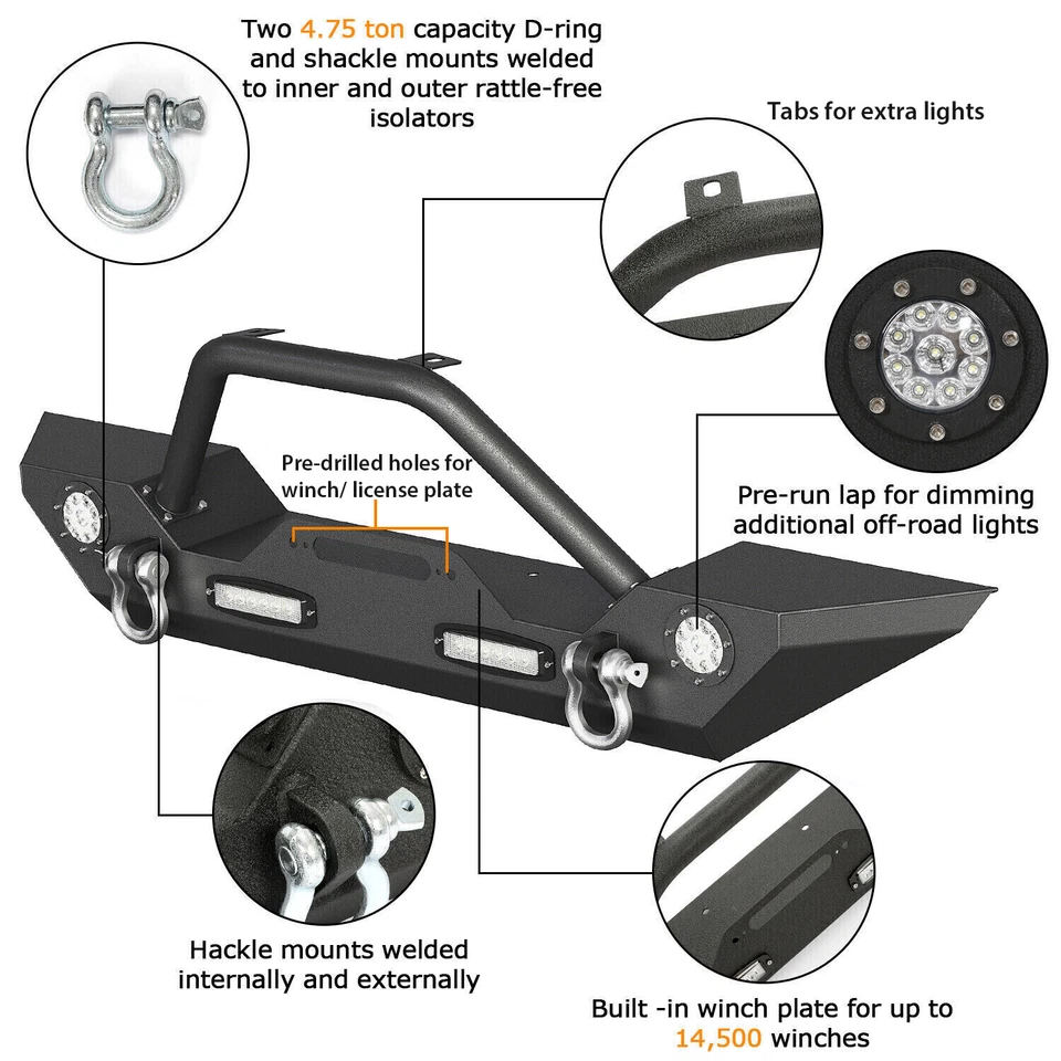 Parachoques delantero con placa de cabrestante y luces para Jeep Wrangler JK JL Gladiator JT 07-24 Foto 3 de 4