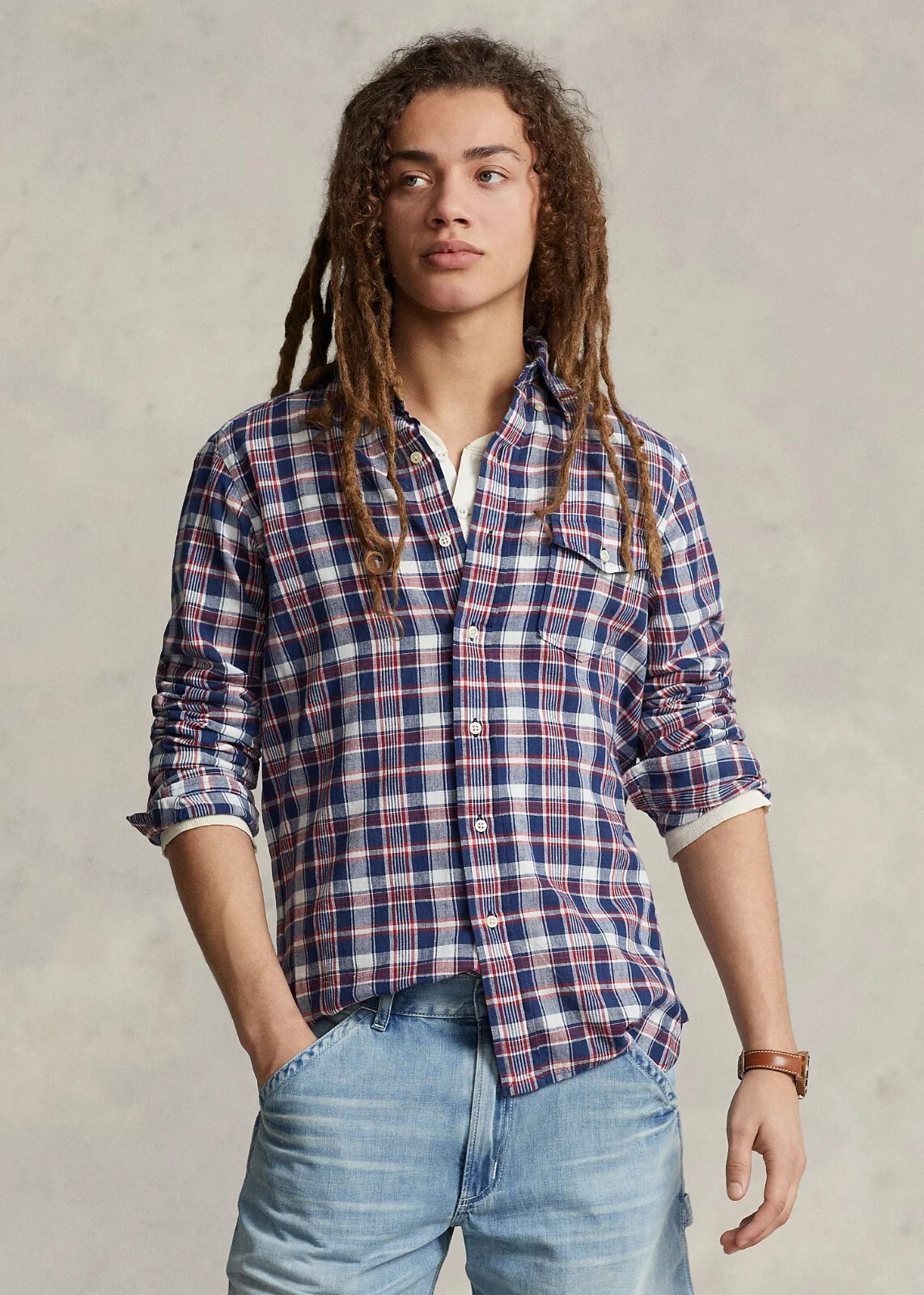 Polo Ralph Lauren Bleeding Madras Plaid Indigo Long sleev Cotton Men's XL