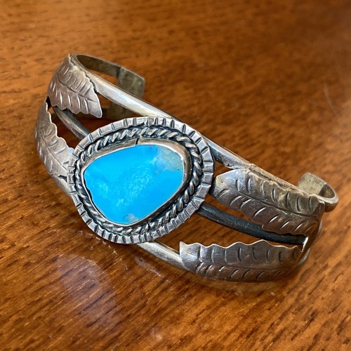 Old Navajo Vintage Gem Turquoise Cuff Bracelet Fabricated Sterling Silver 20.9g