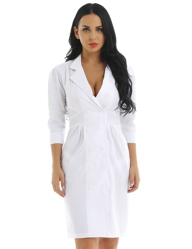 #S-3XL Women 3/4 Sleeve Scrubs Lab Medical Nurse Doctor Uniform Dress Work Coats - Picture 3 of 29