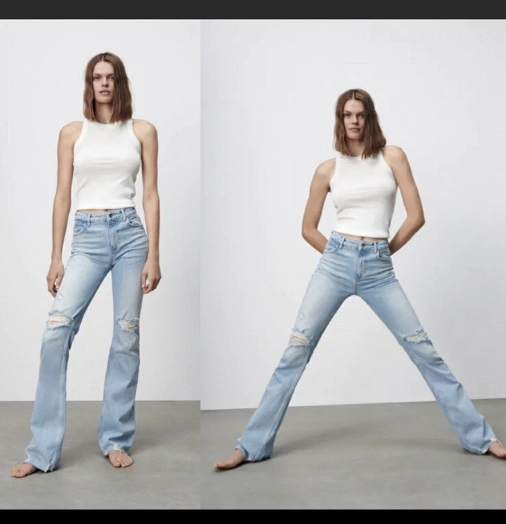 Zara Z1975 Ripped Slim Flare Jeans Size 4 Light Blue