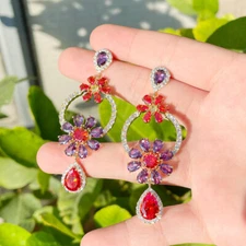 Red Purple CZ Yellow Gold Plated Women Chic Round Flower Drop 925 Silver Earring