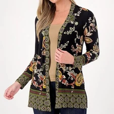 Susan Graver Size 1X Petite Black Spice Printed Liquid Knit Long Sleeve Cardigan