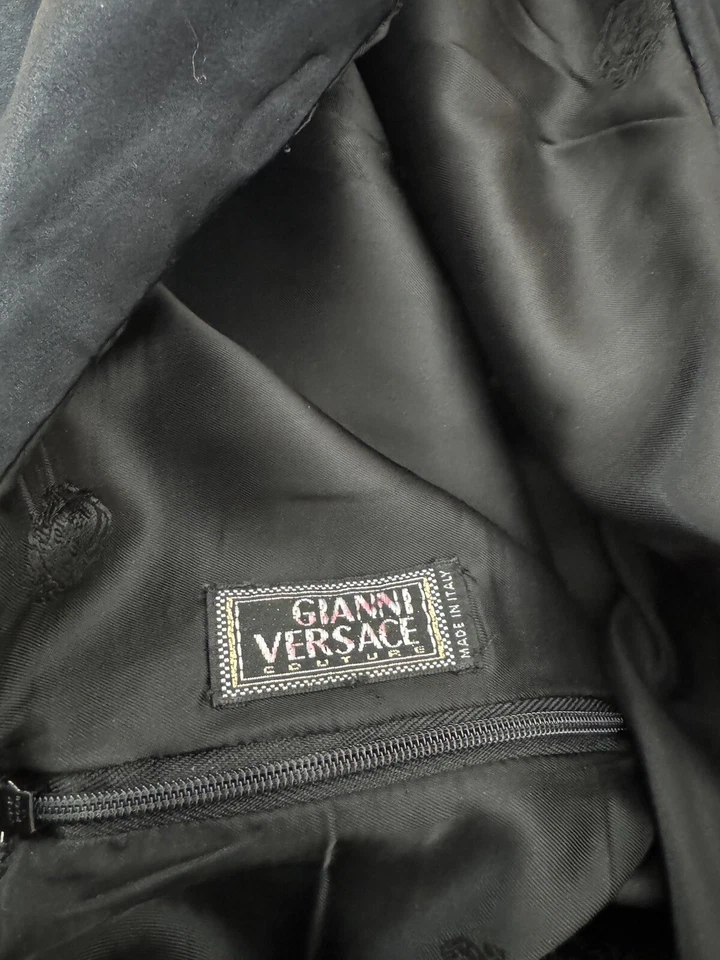 VERSACE Black Virgin Wool Dress. Satin Silk Trim Chiffon Ruffle. Size IT 42.US S - Image 2 of 4