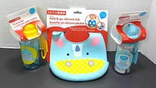 Brand New Skip Hop Zoo Fold & Go Silicone Bib and 2 Straw Bottles Yetti