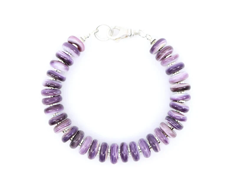 AAA Purple Wampum Quahog Heishi Beaded Shell & Sterling Silver Gemstone Bracelet - Image 4 of 4