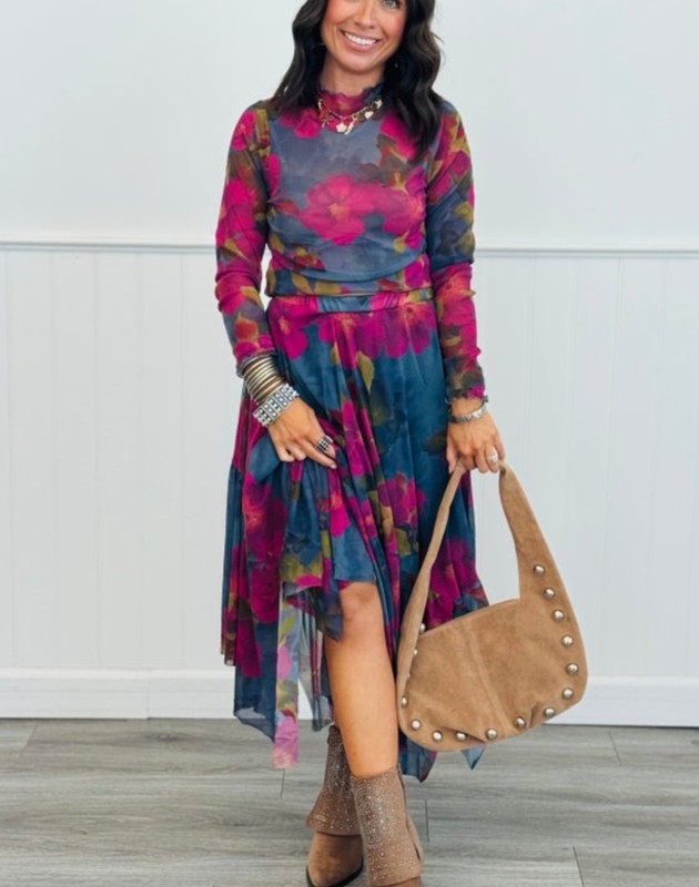 Easel Magenta/Indigo Floral Mesh Mock Neck Long Sleeve Lettuce Edge Top 1X
