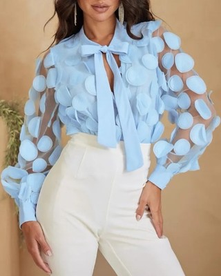 French Retro 3D Circle Detail Chiffon Bow Neck Tie Sheer Blouse L Designer Inspd