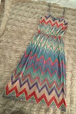 Lush Sleeveless Midi Cinch Waist Chevron Print Sun Dress. Pastel Multicolor. S