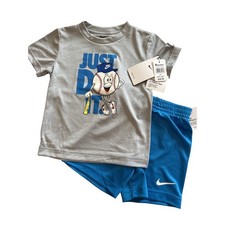 Nike Kids Dri-FIT Baseball Graphic T-Shirt and Shorts 2PC Set Gray Blue 4T NEW